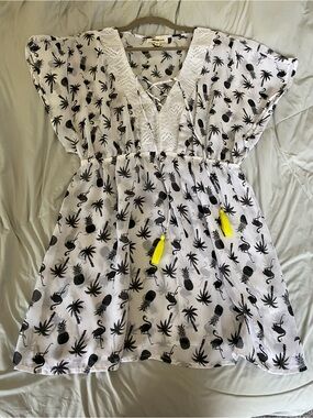 Black & White Palm Pineapple Flamingo Swim Coverup with Yellow Tassels
